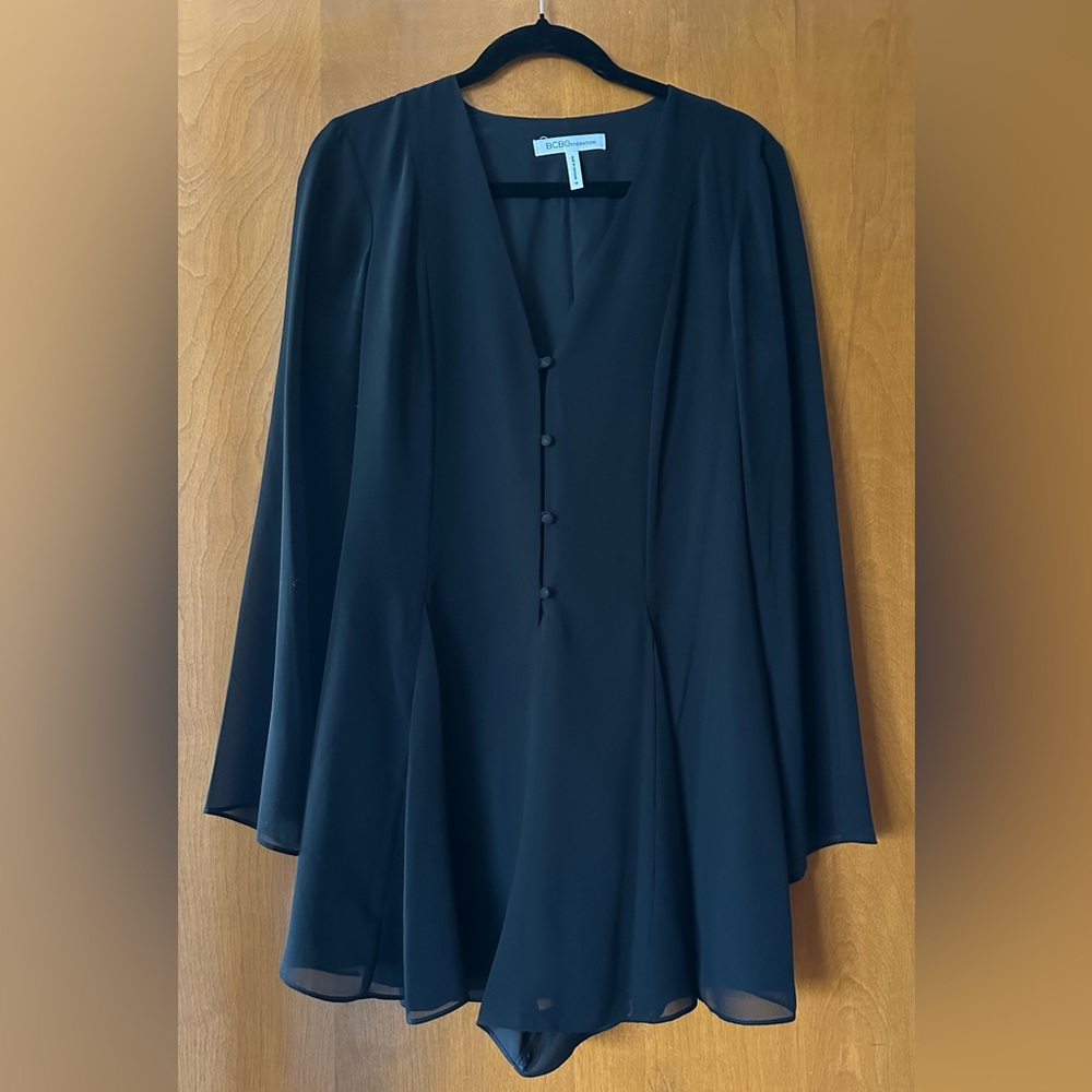 BCBGeneration Elegant Black Buttoned Cape Romper